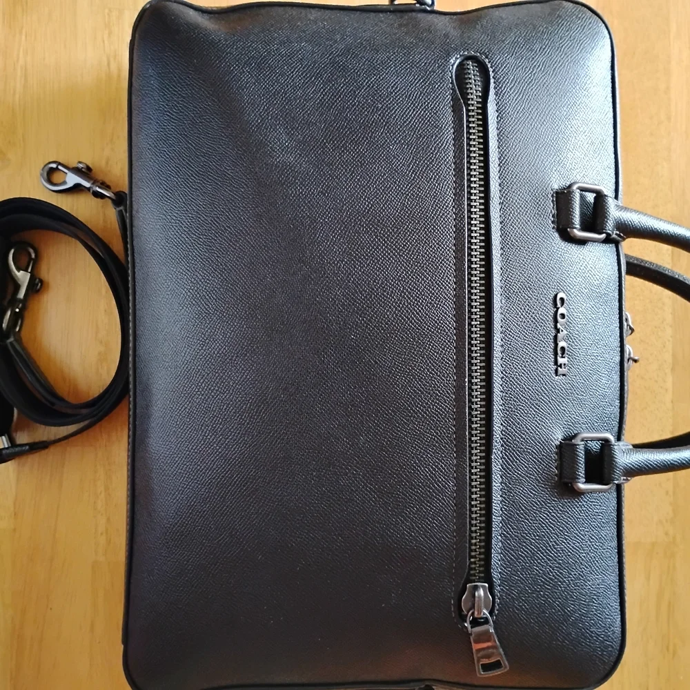 Coach Ethan Slim Pebbled Black Leather Briefcase with Shoulder Strap - Picture 2 of 16